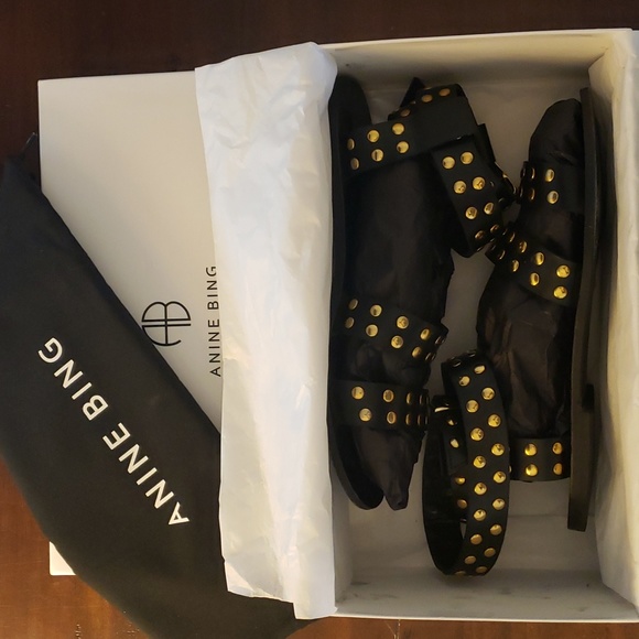 Anine Bing Gia Sandals Black with Gold Studs - Picture 6 of 6